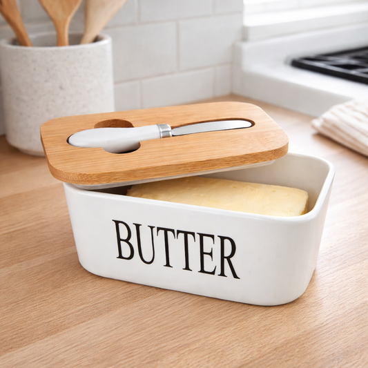 Ceramic Butter Keeper with Wooden Lid & Steel Knife